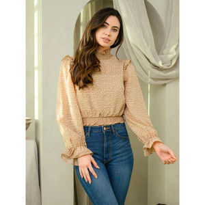 Brown Floral Mock Neck Ruffle Top